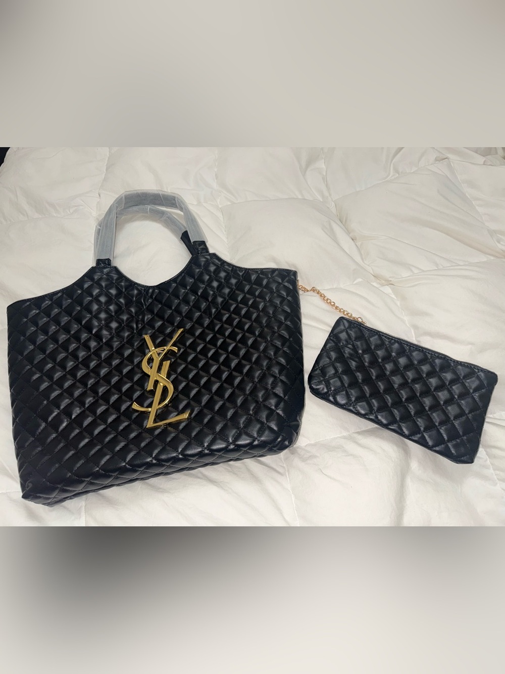 Black Quilted Tote with Gold YSL Hardware and pouch